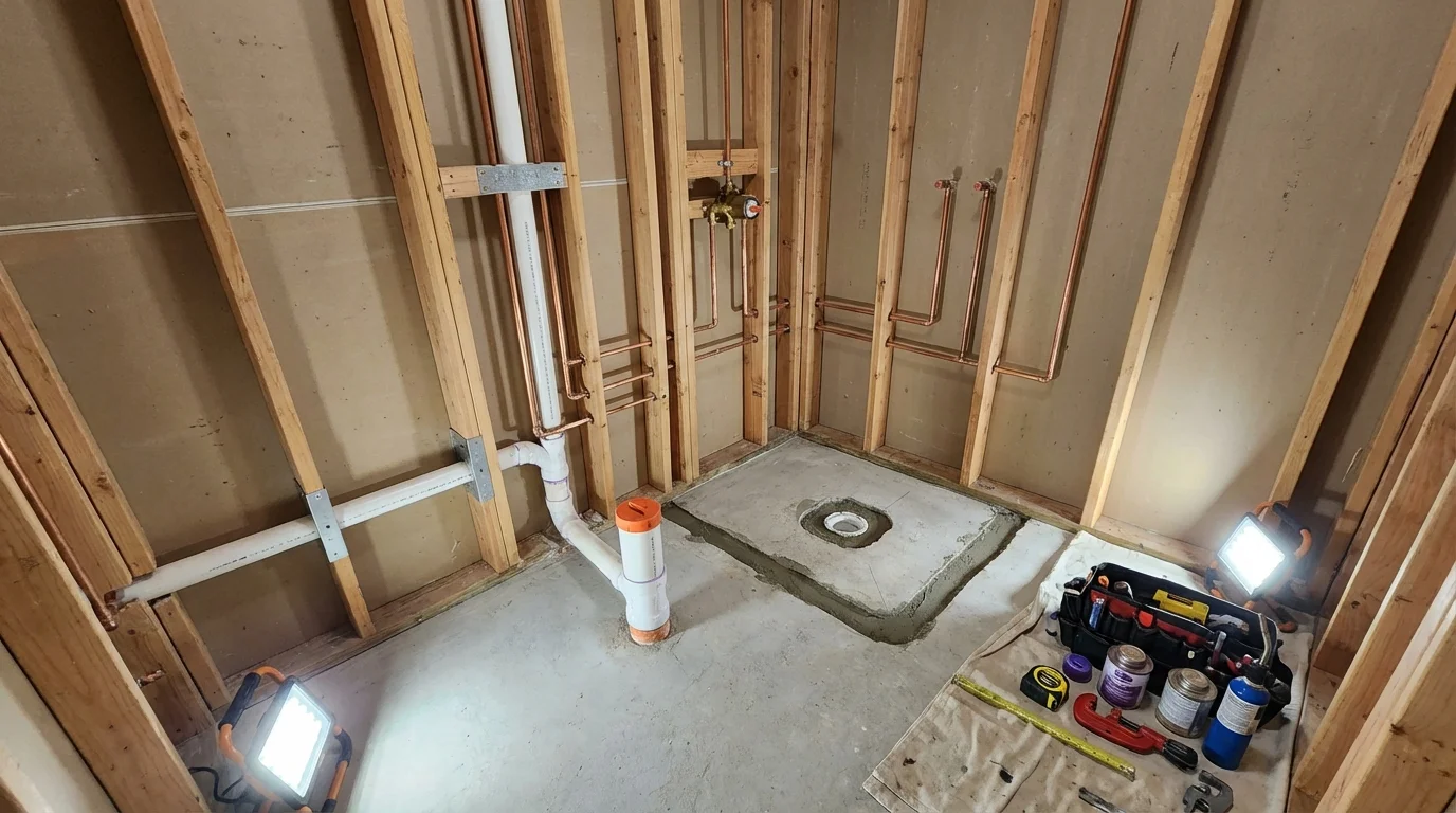 Bathroom rough-in plumbing during remodel by Johns Plumbing LLC in Gillette