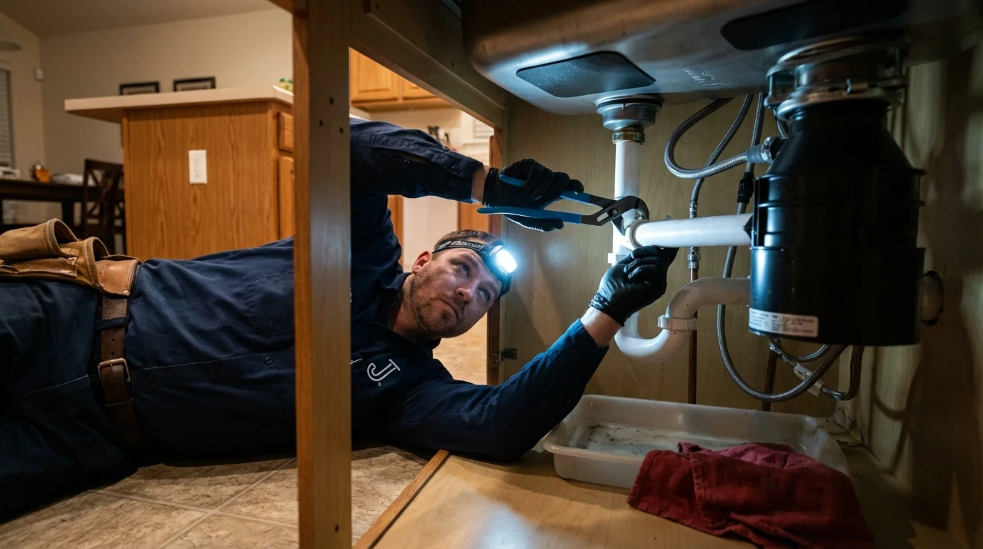 P-trap and supply line connections under a kitchen sink showing a common leak point in Gillette, WY